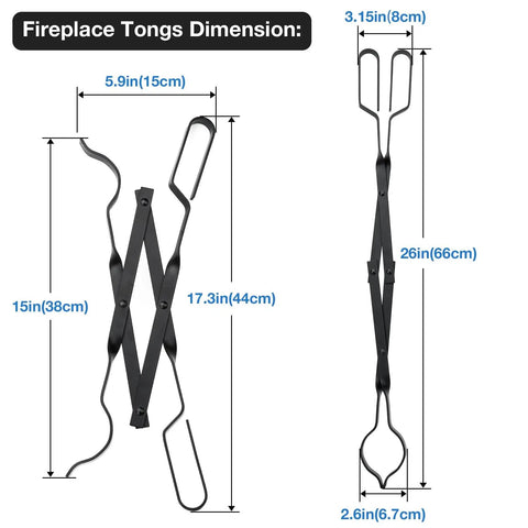 Fireplace tongs dimensions showing 26 inch length, black steel design, and smart scissor grip for log handling.