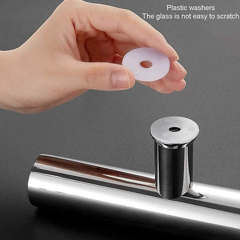 Stainless Steel Glass Door Handle For Indoor And Outdoor Use 80 By 50 Cm showing plastic washer installation detail