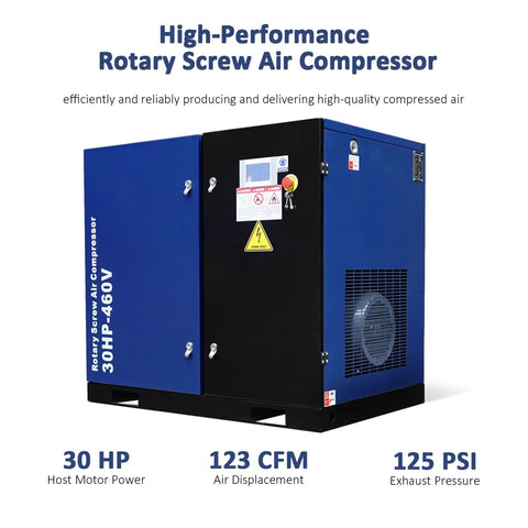 Heavy Duty 30 HP Rotary Screw Air Compressor With 123 CFM At 125 PSI, 460V 3 Phase 60 Hz Fixed Speed Workhorse Industrial Grade Air