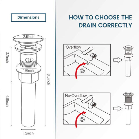 Heavy Duty Matte Black Vessel Sink Drain Stopper With Overflow And Built In Hair Catcher dimensions and installation guide.