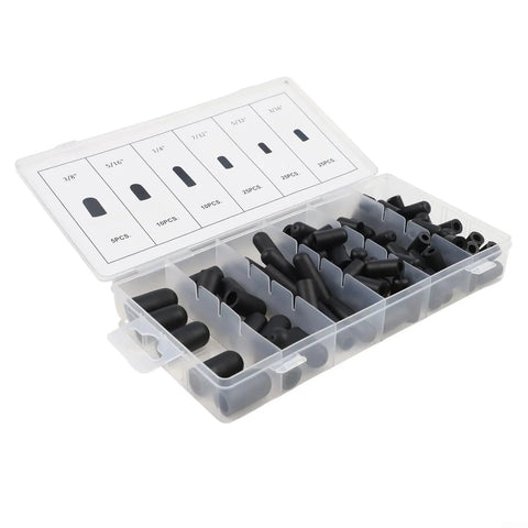 Bulk 100 Pack Rubber Vacuum Cap Kit For Cars shown in a clear plastic organizer with various sizes labeled.