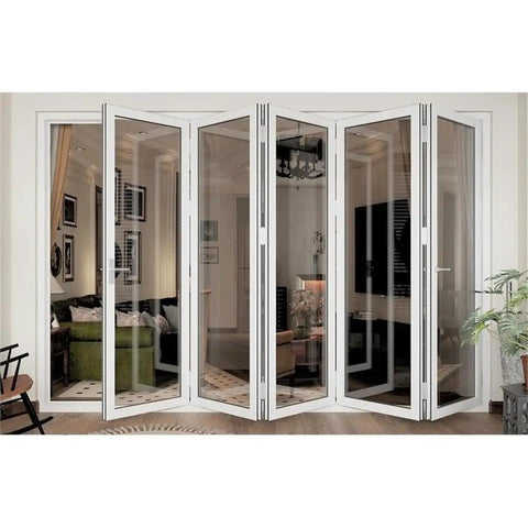 Five Panel Aluminum Folding Glass Door In White With Low E Tempered Glass And Heavy Duty Rollers in a cozy living room setting.