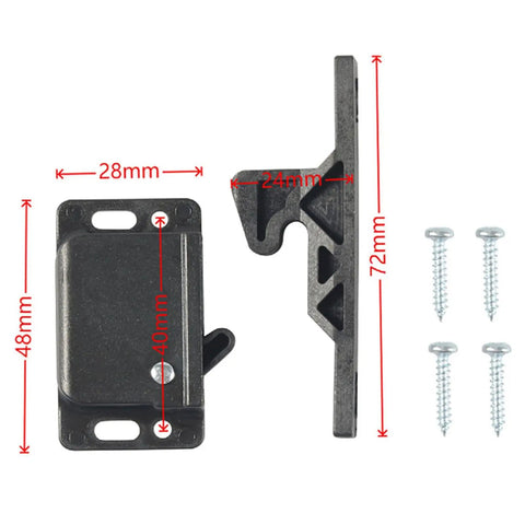 Up Your Game With These Heavy Duty Universal RV Drawer Latches And Push Catches showing dimensions and screws for installation.