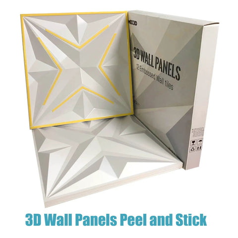 Easy Peel And Stick 3D Wall Panels For Interior Decor, Premium PVC White Tiles With Star And Diamond Pattern, 12 pack box