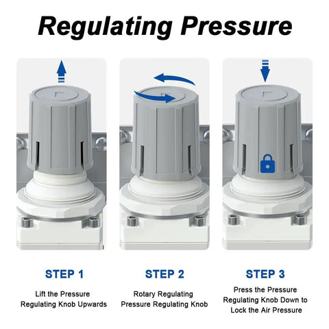 Steps to regulate pressure on 1/4 Inch NPT Air Filter Regulator Combo With Piggyback, 5 Micron Brass Element, Semi Auto Drain.