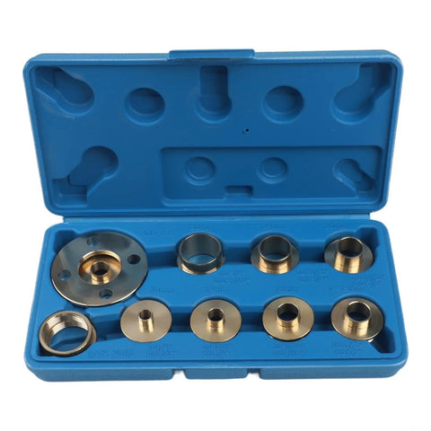 Rock Solid Brass Router Guide Bushing Set With Acrylic Base Plate And Dang Accurate Centering Pin Complete Metric Kit in blue case.