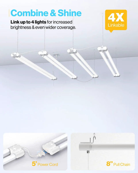 Beast Mode 4 Foot Led Shop Light Plug In Linkable Work Lamp showing 4 lights linked with power cord and pull chain.