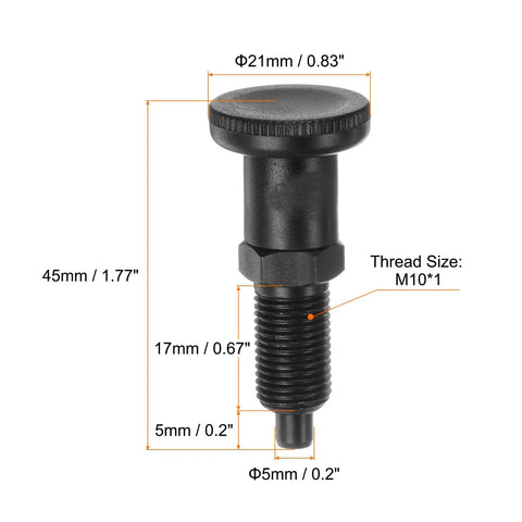 3 Piece Push Fit Ball Nose Spring Plunger Set M10 X 1 Thread Carbon Steel Black Oxide locking pin dimensions with diameter and thread size.