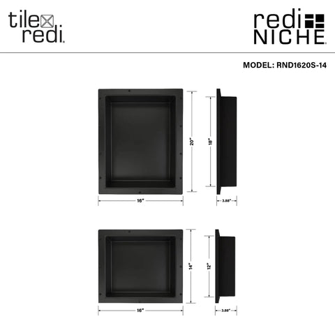 Double Niche Recessed Shower Shelf In Black With Two Inner Shelves For Easy Shower Storage 16 Inch Width 34 Inch Height 4 Inch Depth Tile Ready Surface Install Horizontal Or Vertical A Smart All In One Shower Organizer, product dimensions diagram