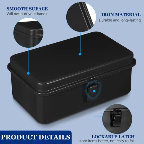Close-up of Badass Heavy Duty Metal Toolbox With Secure Locking Latch and Portable Carry Handle showing smooth surface and iron material.