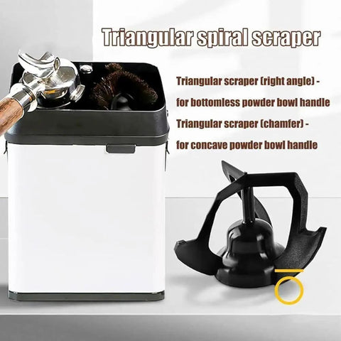 Robust Electric Portafilter Cleaning Station With Integrated Knock Box For Weekend Warriors And Cafe Pros Knocks Out Wet Pucks Instantly showing triangular spiral scrapers.