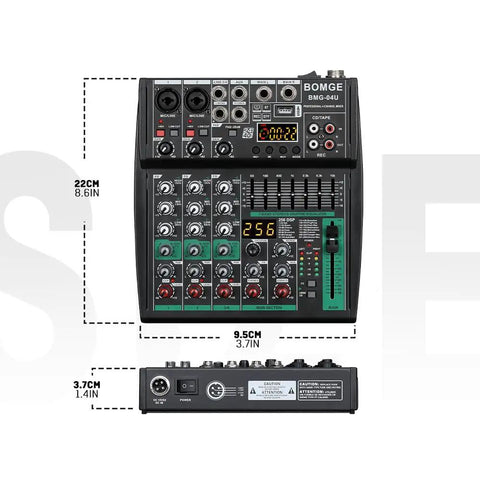 4 Channel DJ Mixer With Bluetooth, USB MP3 Input, 256 DSP, 48V Phantom Power, front and side view with dimensions