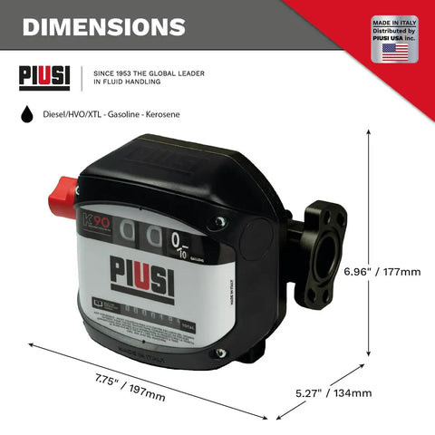 3 Digit Mechanical Fuel Flow Meter With 90 Degree Inlet Outlet, 1 Inch NPT, 7 Digit Totalizer displayed with dimensions.