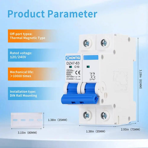 10 Amp Two Pole 120 240V Compact Circuit Breaker With Thermal Magnetic Trip for DIN Rail AC Disconnect, Solar System Guard, RV Ready and Low Voltage Protection, Fast Instant Magnetic Trip for Surges, white plastic body