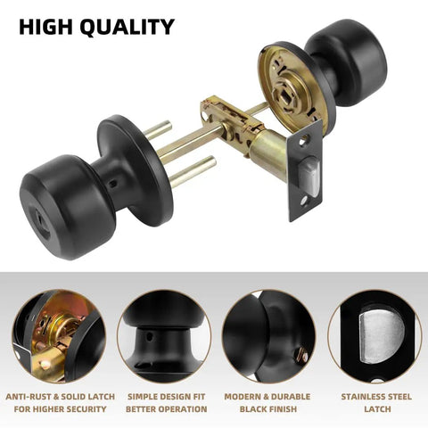 8 Pack Privacy Door Knobs Matte Black Keyless Interior Passage Lockset with round style and adjustable latch details