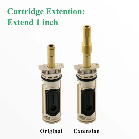 Handle Extension Kit For Posi Temp Single Handle Tub And Shower Faucet Chrome 1 Inch Thick Wall Extension Includes Brass Stem Extension Fits 1222 Cartridge No Fuss Retrofit Replacement showing original and extended cartridges.