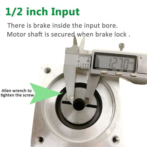 Planetary gearbox NEMA 34 frame with 1/2 in input shaft, caliper measuring input bore (front view).