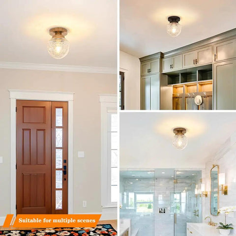 Gold Semi Flush Mount Ceiling Light With Globe Glass in entryway, closet, and bathroom settings, vintage indoor fixture