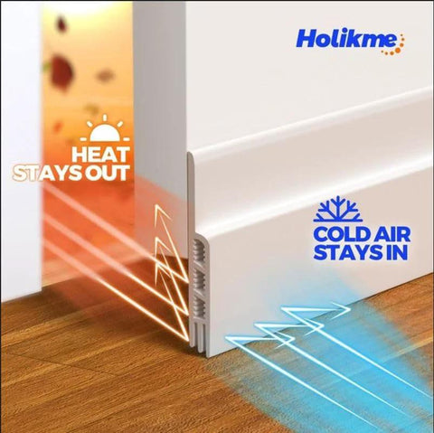Installed view of Holikme white door draft stopper with adhesive at bottom of door