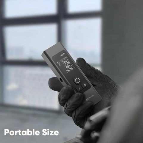 2-In-1 Laser Measure And Line Laser Pro-Grade With 196 Ft Range, Cross Line Alignment, Three Laser Heads, Type C Rechargeable, Area Volume And Pythagorean Calculations For Construction And Tiling, 1.4 Inch Black LCD portable size in gloved hand