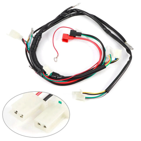 Electric Start Harness Kit With Secure Universal Fit Durable PVC Wiring Loom for Pit Bike ATV Motorcycle Off Road Trail Racing Enthusiasts and Kick Start Backup shown with connectors.