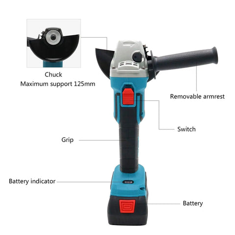 Front view of Cordless 20V Angle Grinder That Packs a Punch With 8500 RPM Brushless Motor, showing grip, battery, and controls