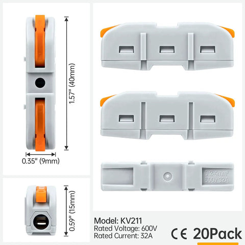 20 Pcs 1 Conductor Inline Wire Connectors For 24 To 12 AWG Circuits, compact splice levers, orange insulated electrical quick connectors