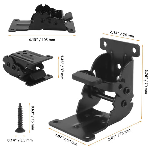 Built Tough 15 Pack Folding Hinges Self Locking Brackets With All Screws Quick Zero To Ninety To One Eighty Setup Cold Rolled Steel table hinge close-up with dimensions.
