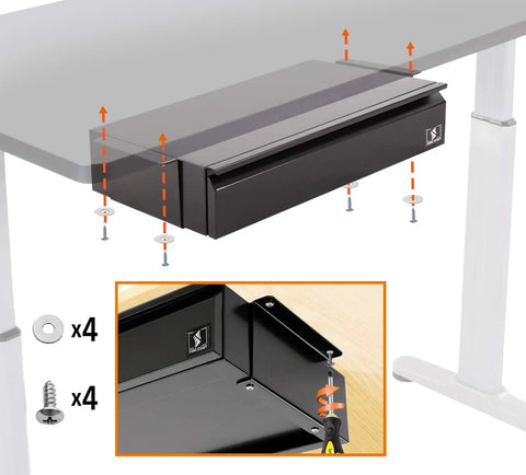 Solid Under Desk Drawer With Smooth Glide Tracks, No Fuss Pull Out Storage Bin, Quick Mount Workstation Rack, Super Clean Office Setup Organizer Black mounted under a desk with installation screws.