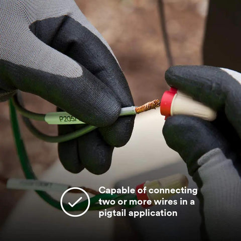 Solid As A Rock Tan And Red Wire Connectors For Twenty Two To Eight Gauge Cables in use connecting pigtail wires.