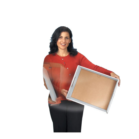 Woman holding a No Sweat 4 Pack Medium Duty File Storage Box, showcasing the quick pop-up design and sturdy construction.