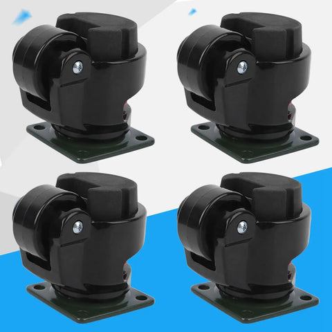 Heavy Duty Adjustable Leveling Casters With Ratchet Handles For Rock Solid Stability And Easy Rolling Of Workbenches Shop Gear And Big Machinery Four Pack shown from an angled view.