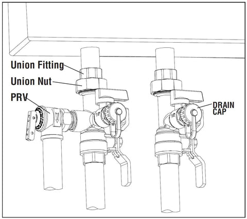 Diagram of 3/4-Inch IPS Lead Free Isolator for Tankless Water Heaters Kit with labeled fittings and valves