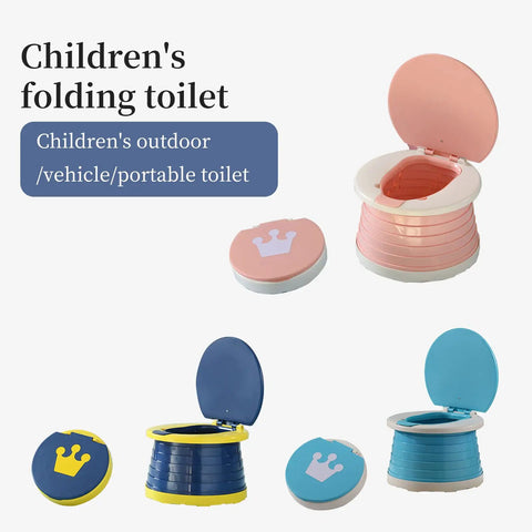 Foldable Toddler Travel Potty With Disposable Bags For Road Trips And Car Rides portable toilet in pink, blue, and yellow colors for kids.