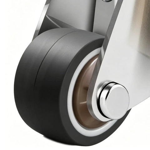Close-up of No Sweat Low Profile Caster Wheels For Doors 2 Pack Rubber Non Slip Bottom Rollers showcasing rubber and metal components.