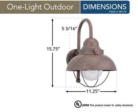 Weathered Copper Outdoor Wall Lantern With Clear Seeded Glass One Light Exterior Fixture 15.75x11.25 inches dimensions