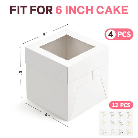 Top Tier 8 X 8 X 8 Inch Cake Boxes 4 Pack Featuring Clear Window Hella Sturdy food grade white cardboard and stickers.