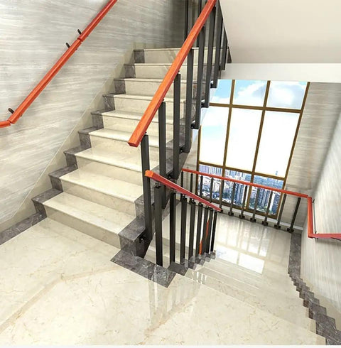Heavy Duty Square Metal Stair Railing Balustrade Kit For Decks And Porches Featuring Dead Simple Central Axis Install view of stairs with black railing and wood handrail.