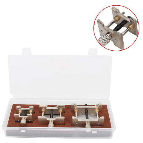 3 Piece Watch Repair Tool Set With Plastic Movement Holder in plastic case, showing metal holders for adjusting movements