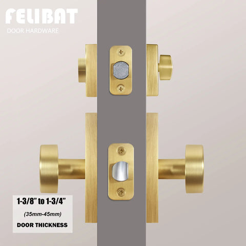 Gold Door Knob With Deadbolt Set In Satin Brass, Single Cylinder Hardware For Exterior Or Interior Doors, Built To Last Metal Construction, Adjustable Latch Fits 1 3 8 Inch Thick, Easy Upgrade For Privacy And Security - side view showing adjustable latch fitting 1 3/8 to 1 3/4 inch thick door.
