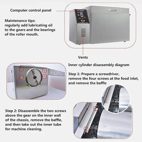 Straight Up Heavy Duty Commercial Electric Nut Roaster With Digital Temperature And Timer Controls for maintenance tips and disassembly steps.