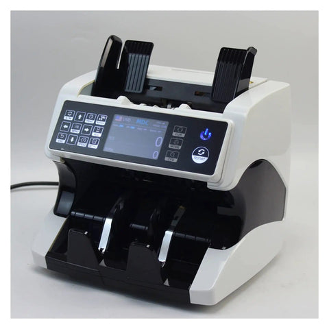 Real Deal Touchscreen Money Counter Machine For Mixed Currency Bills With Integrated Thermal Receipt Printer And Smart Error Scanning Smooth Hustle Ready Daily Counting showing control panel and bill entry.