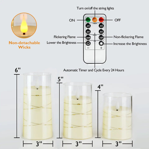 Diagram of Dope Flameless LED Candles With Embedded Fairy Lights Battery Operated Acrylic Candles With Remote And Timer Ivory White Set Of 3 with dimensions and remote control instructions