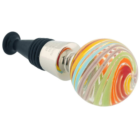 Murano Glass Bottle Stopper With Sunny Stripes, Handmade In Italy, close-up of colorful glass cap, 1-1/2 inch diameter