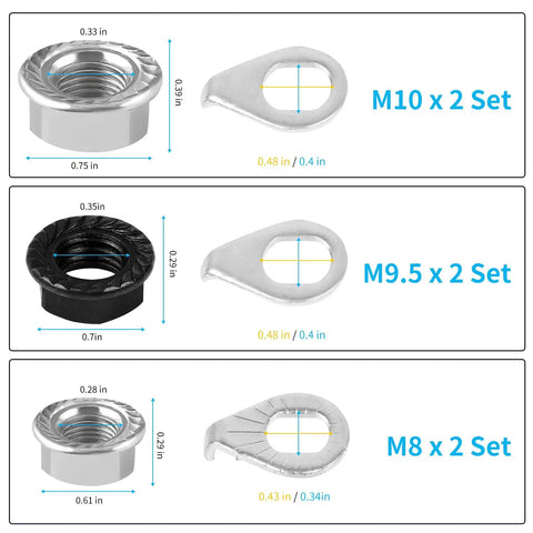 12 Piece Bicycle Axle Nut And Safety Washers Kit With Three Sizes M8 M9.5 M10 For Front And Rear Wheels Dimensional View