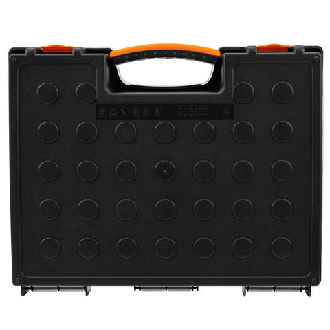 19 Removable Compartments Small Parts Organizer Box With Customizable Storage Grab-And-Go Portable Hardware Case Durable Plastic Construction Secure Locking Lid Black And Orange 16.5 By 13.2 By 2.4 Inches front view