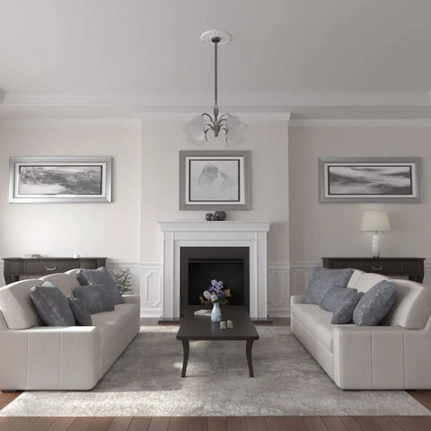 Living room with Dope Ceiling Medallion 18 Inch Outer Diameter 4 Inch Inner Diameter above chandelier, elegant decor.