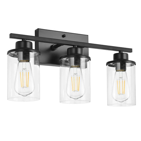Slick Black 3 Light Vanity Light Fixtures Over Mirror With Clear Glass Shades, Modern Industrial Farmhouse Wall Lamp