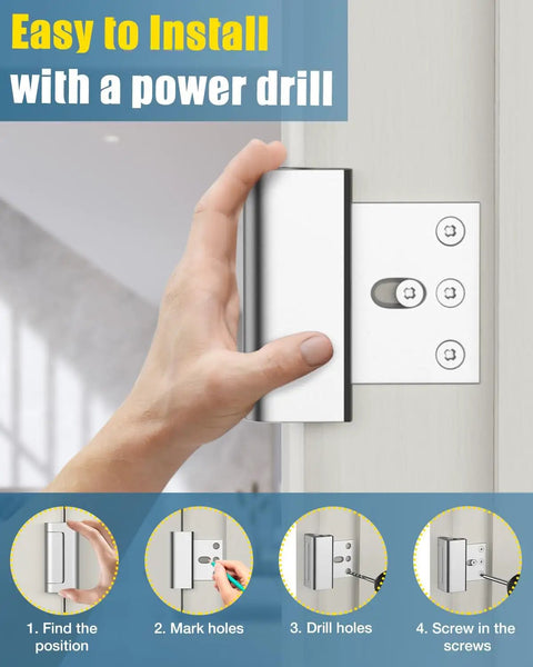 Installation instructions for Kick Resistant Front Door Reinforcement Lock, showcasing easy steps with a power drill.