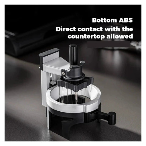 58mm Espresso WDT Distribution Tool With Twelve Sleek Needles And Fully Adjustable Depth, ABS base, close-up view on countertop.